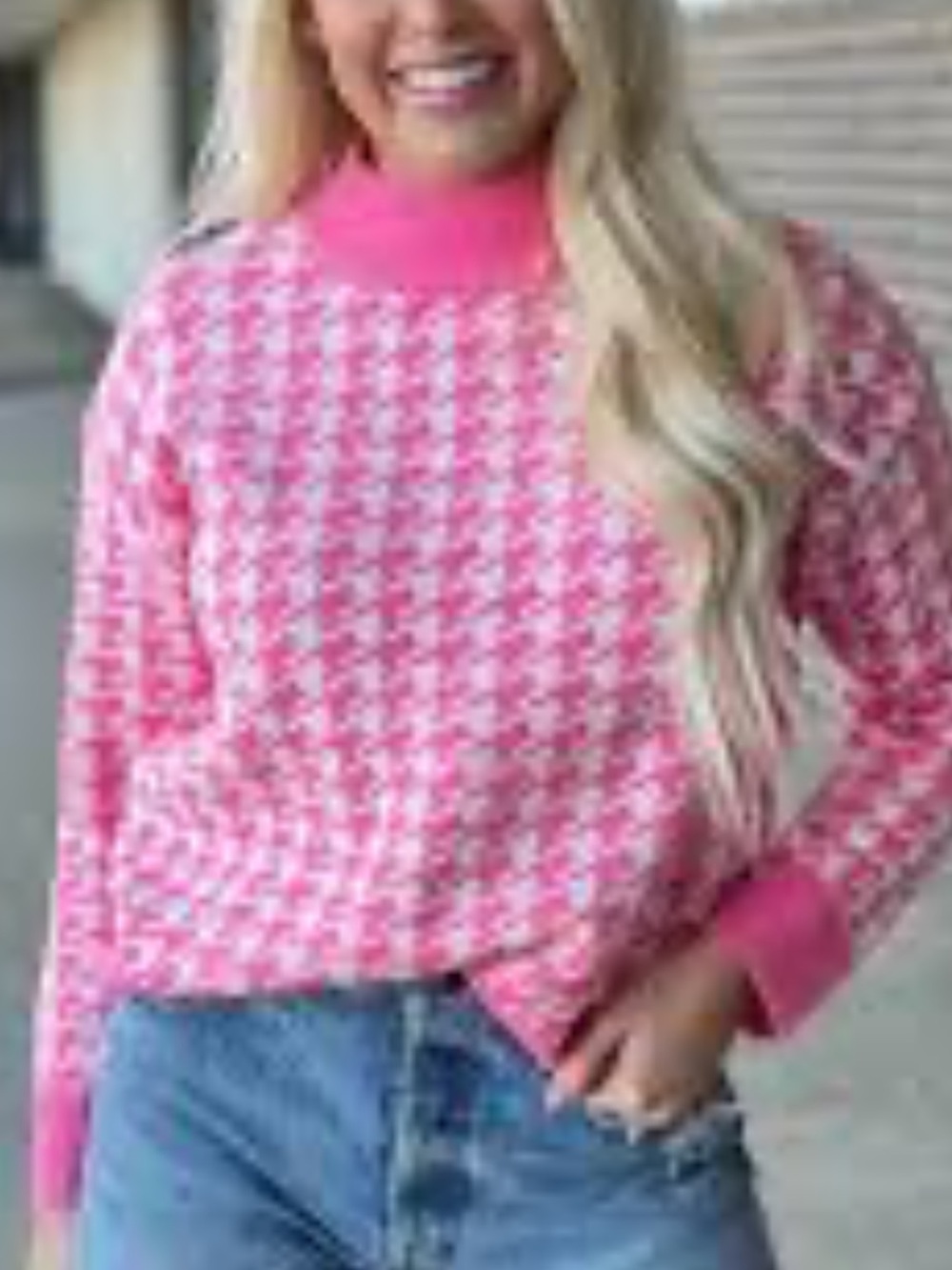 Pink Houndstooth Mock Neck Women's Sweater size Medium